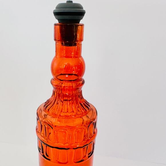 Embossed Design Orange Colored Glass Bottle with Stopper Round EMPTY - Picture 5 of 5